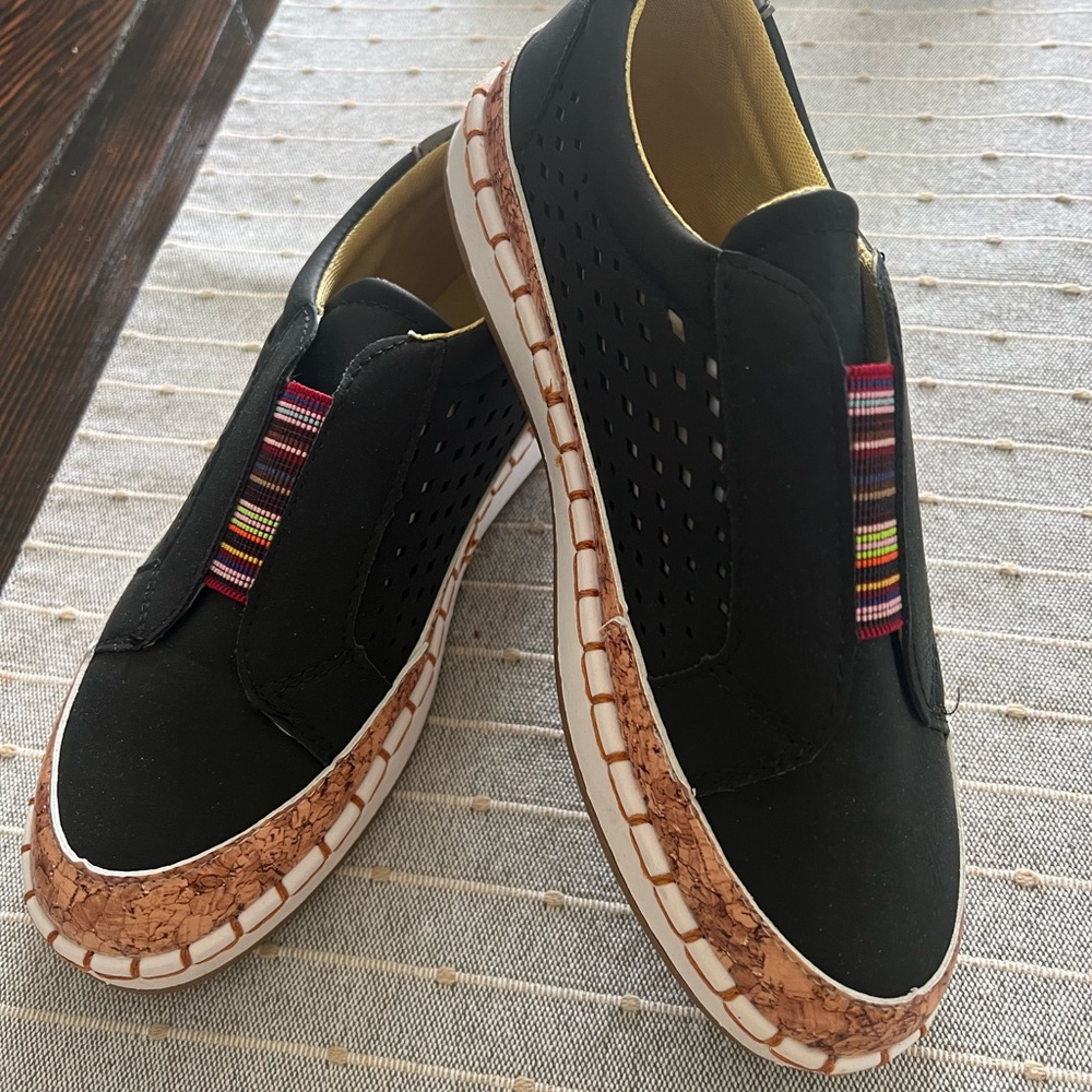 Black Slip-On Sneakers with Cork and Stripes